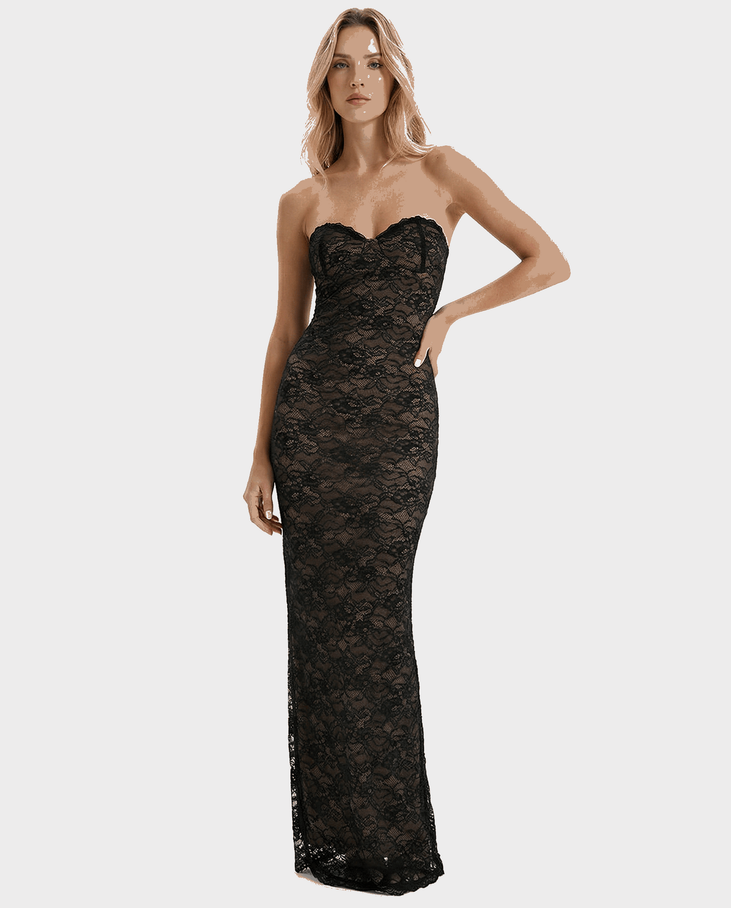 VESTIDO LARGO DE ENCAJE CON ESCOTE CORAZÓN