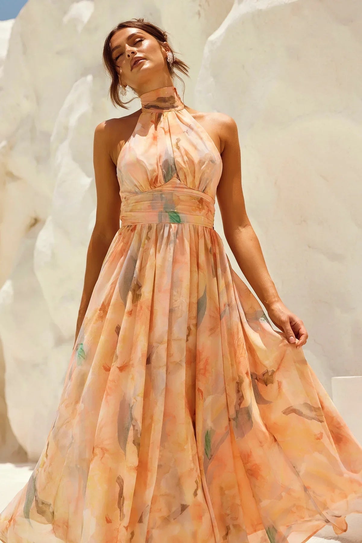 Vestido de invitada estampado Atenea frente - Renluma