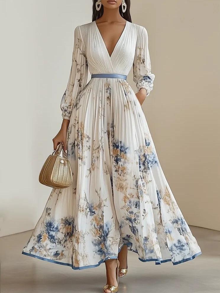 Vestido largo de manga larga abullonada con cuello en V y estampado floral, nuevo de primavera, de gasa plisada blanca.