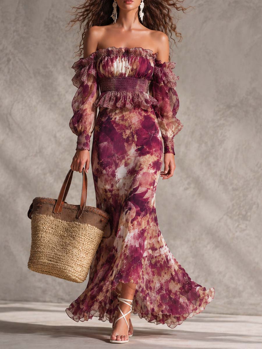 Vestido largo de gasa rosa con estampado floral y hombros descubiertos