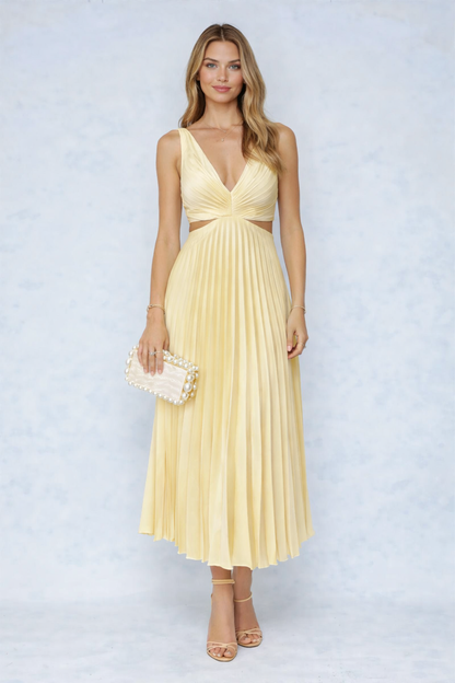 VESTIDO MIDI PLISADO CON ESCOTE CRUZADO