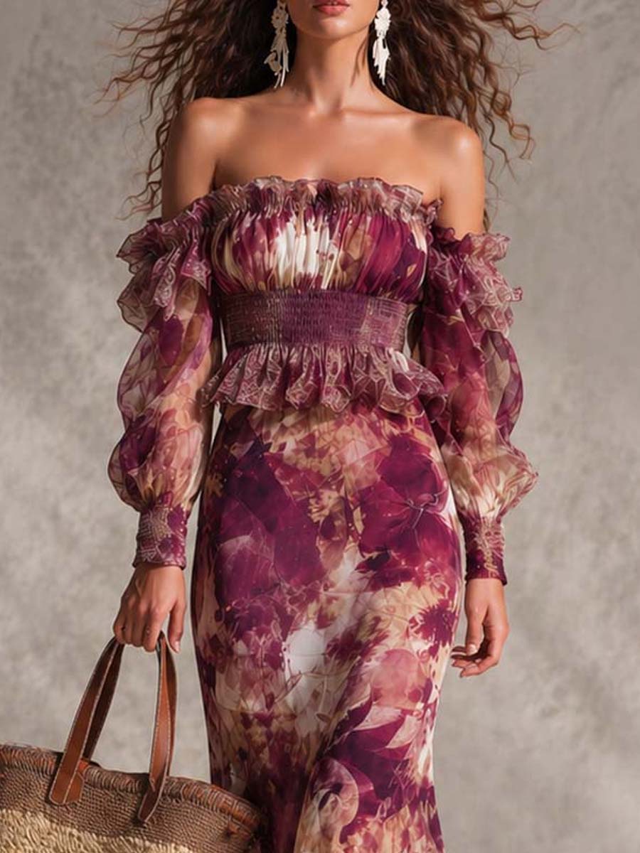 Vestido largo de gasa rosa con estampado floral y hombros descubiertos