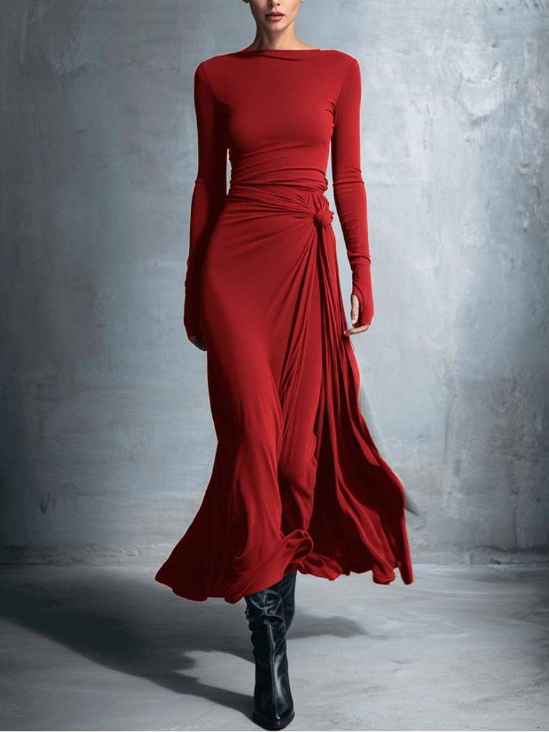VESTIDO LARGO DRAPEADO CON NUDO LATERAL