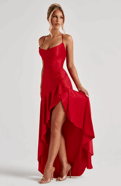 VESTIDO LARGO ESPALDA CRUZADA VOLANTES