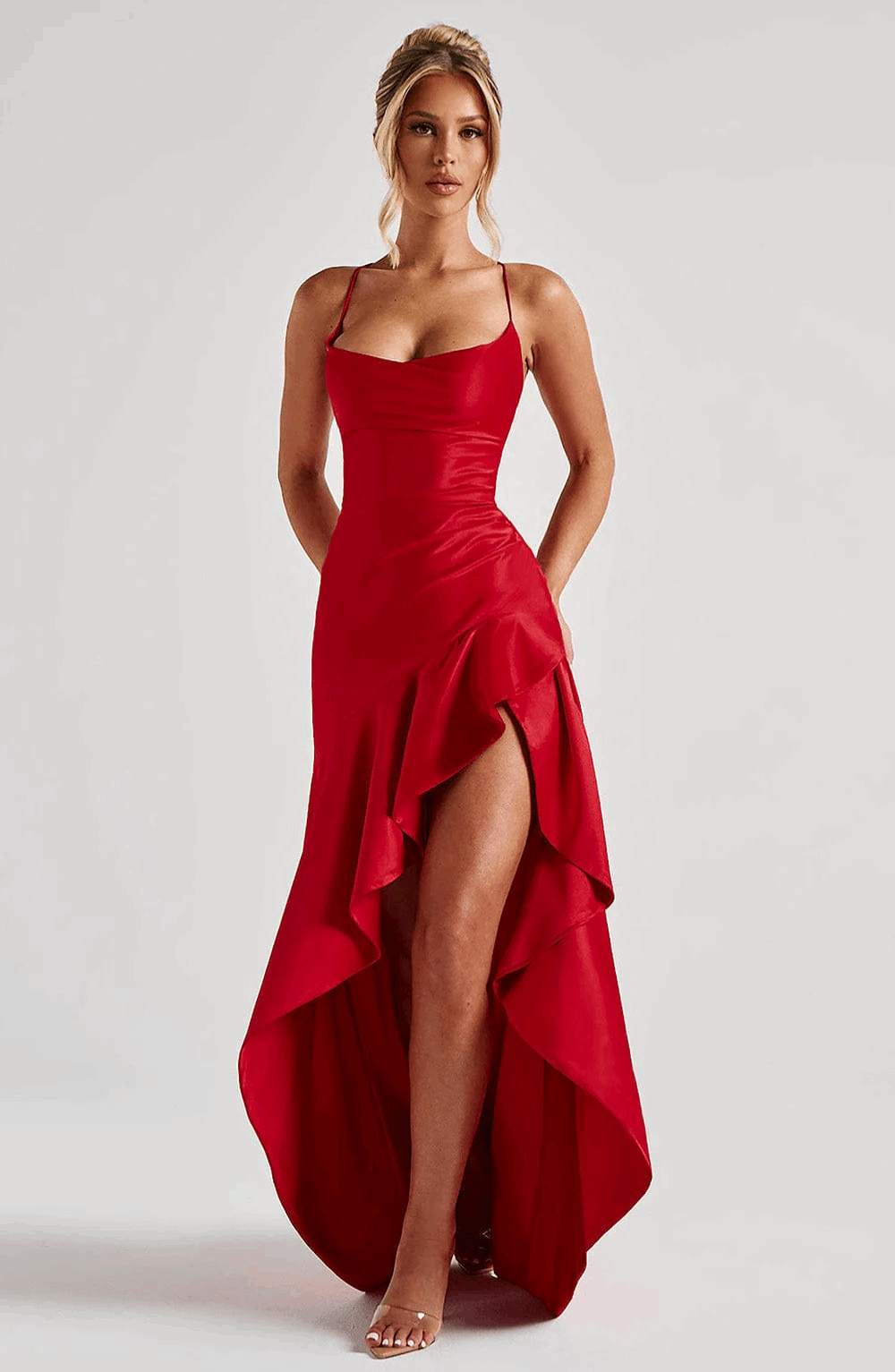 VESTIDO LARGO ESPALDA CRUZADA VOLANTES