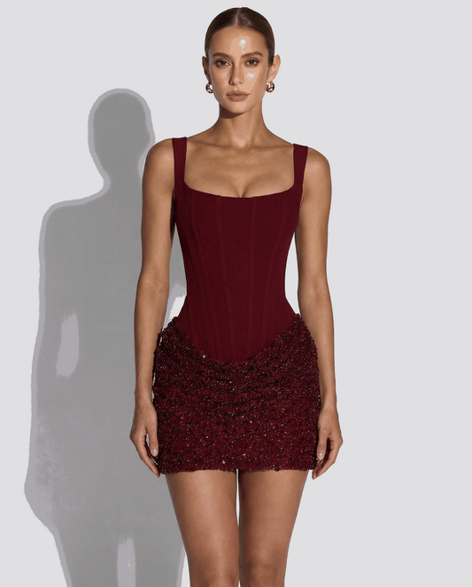 VESTIDO MINI CORSET CON FALDA TEXTURIZADA