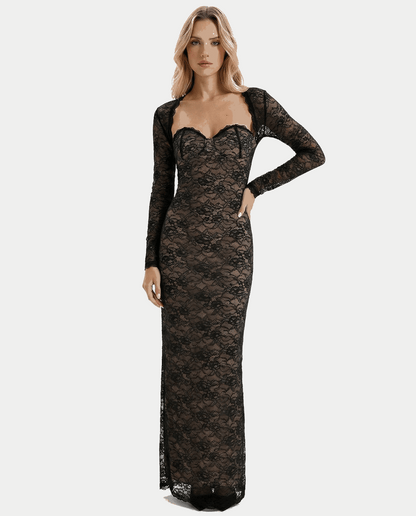 VESTIDO LARGO DE ENCAJE CON ESCOTE CORAZÓN