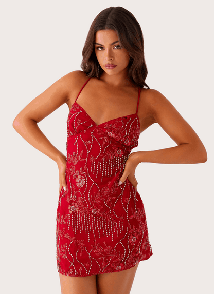 VESTIDO MINI BORDADO ESPALDA CRUZADA