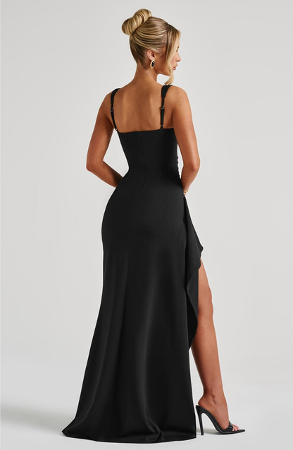 VESTIDO LARGO SATINADO CON ESCOTE CUADRADO Y ABERTURA