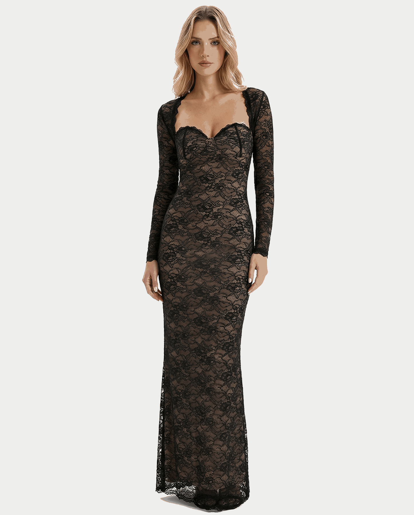 VESTIDO LARGO DE ENCAJE CON ESCOTE CORAZÓN