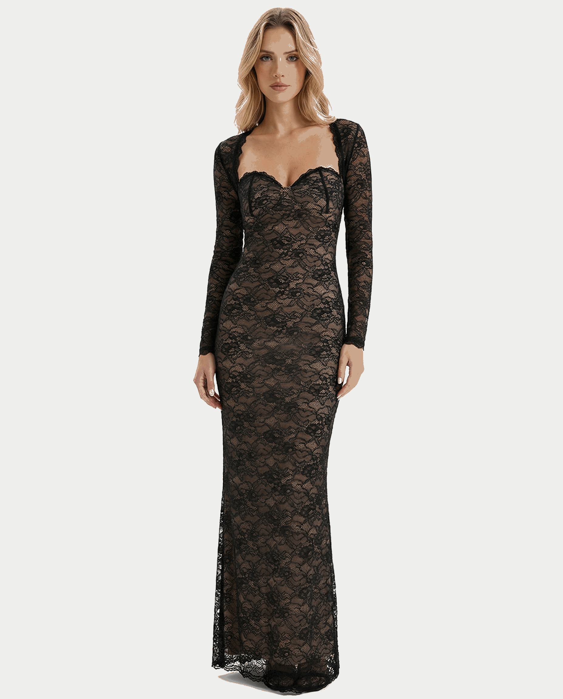VESTIDO LARGO DE ENCAJE CON ESCOTE CORAZÓN