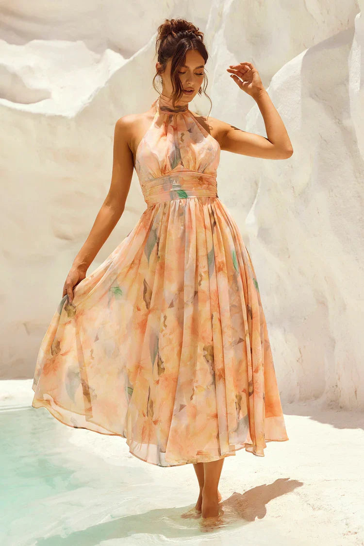 Vestido de invitada estampado Atenea frente - Renluma