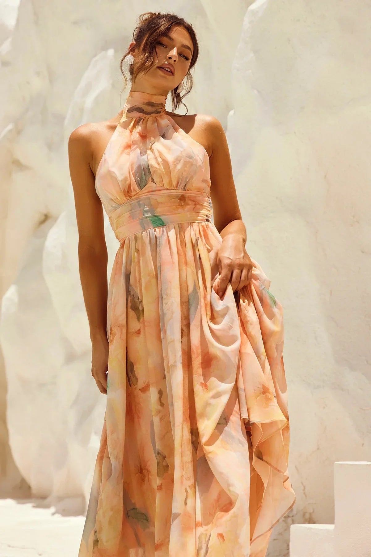 Vestido de invitada estampado Atenea frente - Renluma