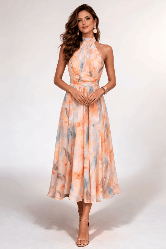Vestido de invitada estampado Atenea frente - Renluma