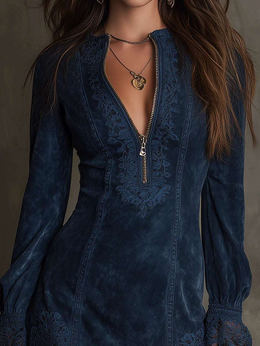 VESTIDO MINI EFECTO ANTE CON DETALLES BORDADOS