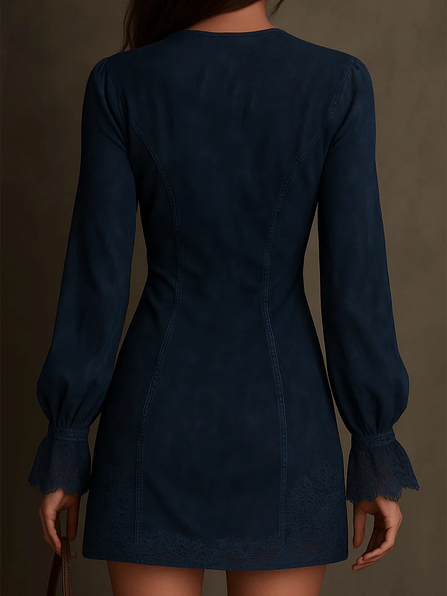VESTIDO MINI EFECTO ANTE CON DETALLES BORDADOS