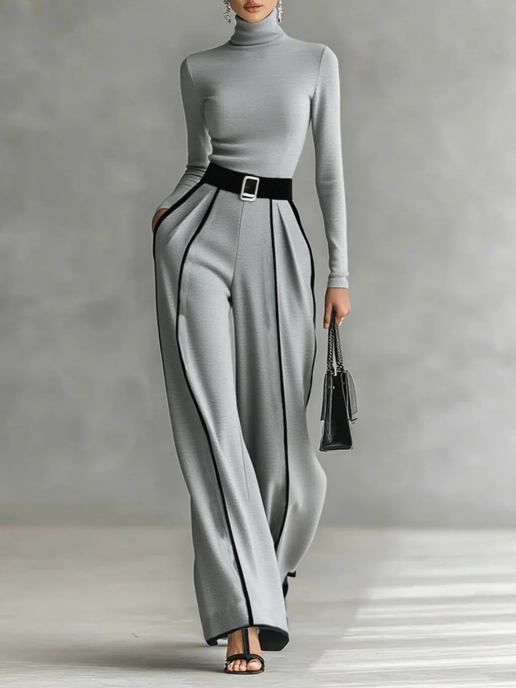 Conjunto de top blanco de cuello alto y manga larga con pantalones de pierna ancha y cinturón.