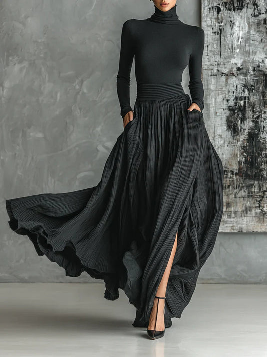 Conjunto de moda: camiseta de cuello alto ajustada negra y falda plisada.