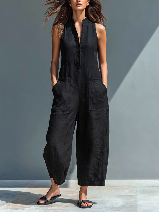 Claudia | Combi-pantalon minimaliste en lin pour femme, sans manches, col montant et boutons