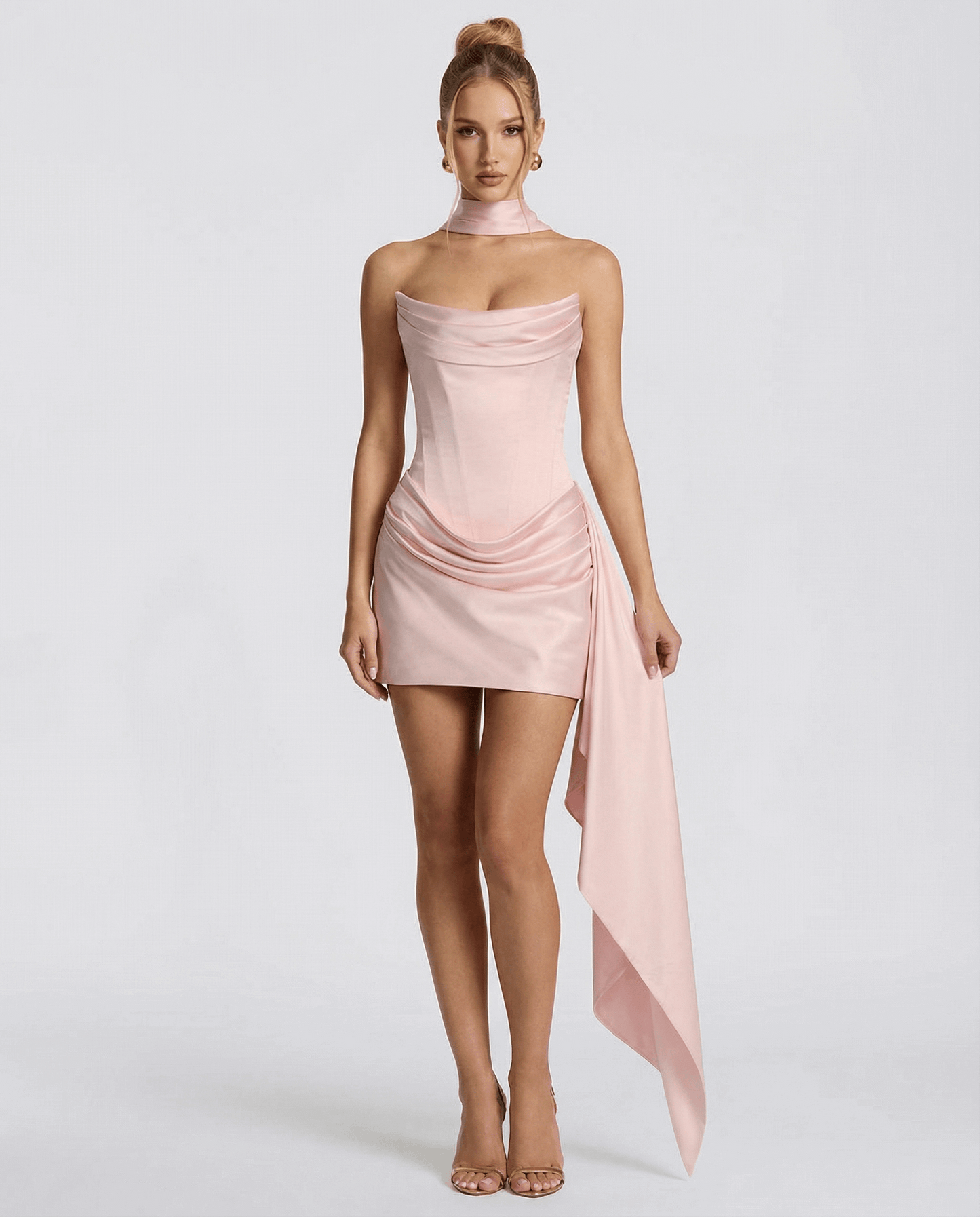 VESTIDO MINI CORSET CON DRAPEADO Y LAZADA
