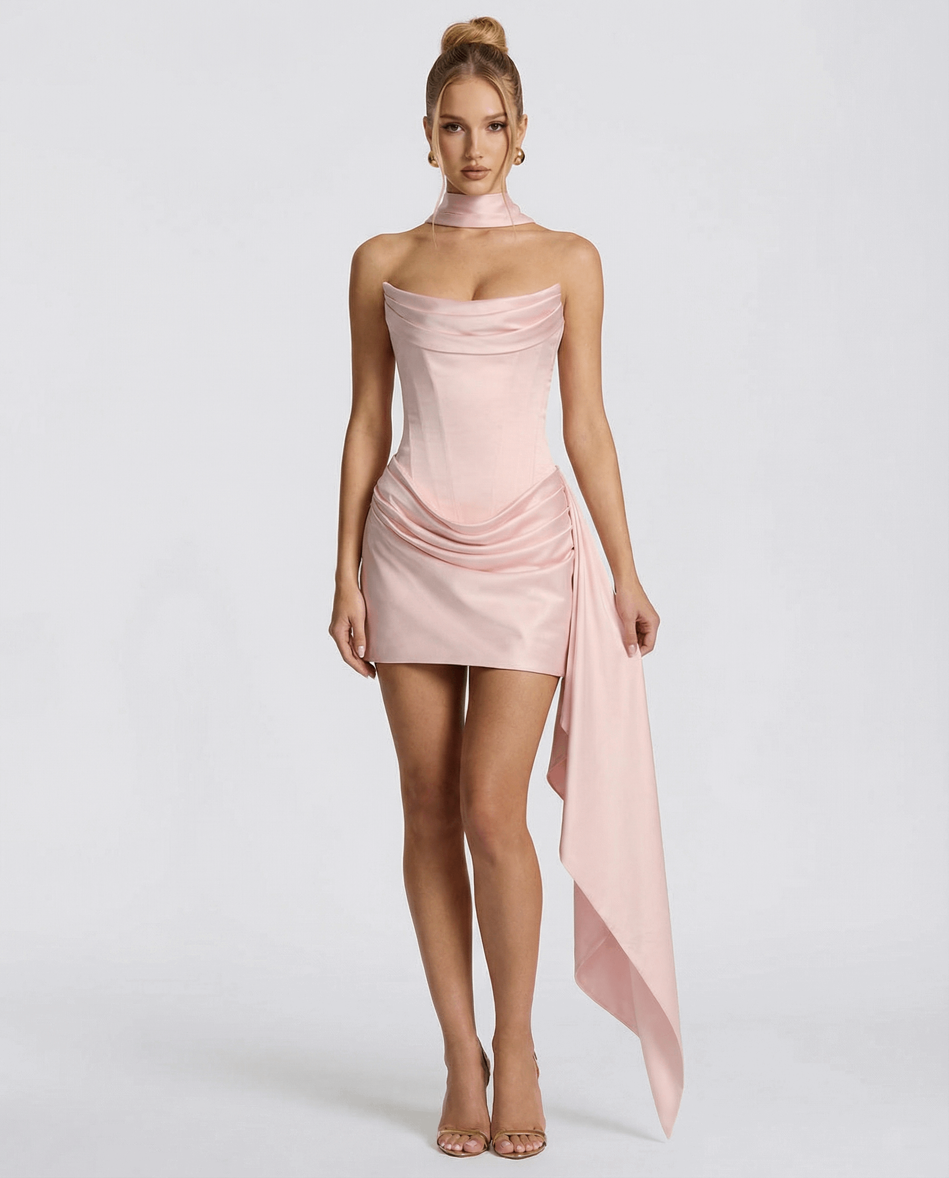 VESTIDO MINI CORSET CON DRAPEADO Y LAZADA
