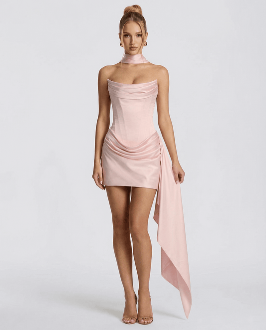 VESTIDO MINI CORSET CON DRAPEADO Y LAZADA