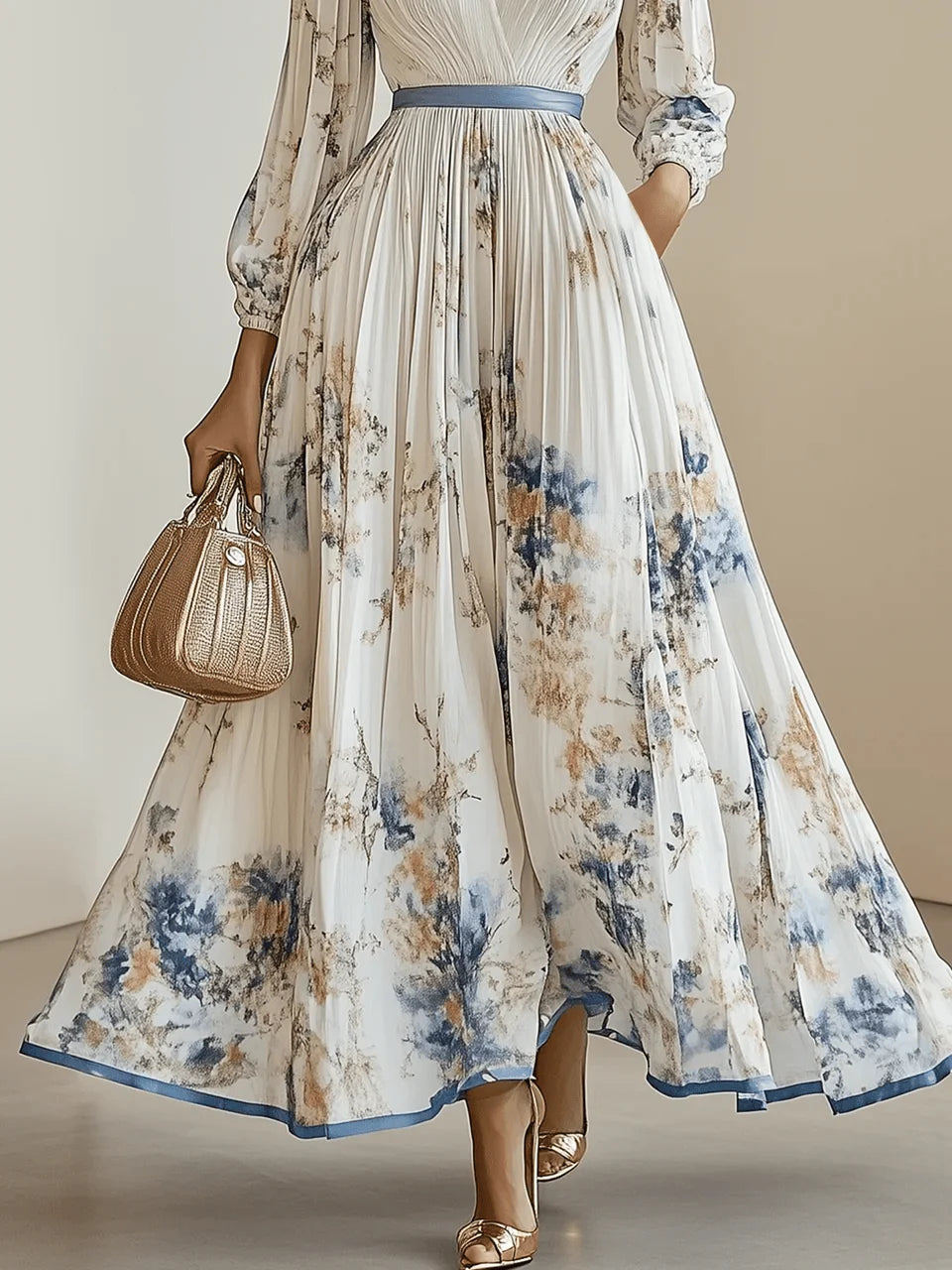 Vestido largo de manga larga abullonada con cuello en V y estampado floral, nuevo de primavera, de gasa plisada blanca.