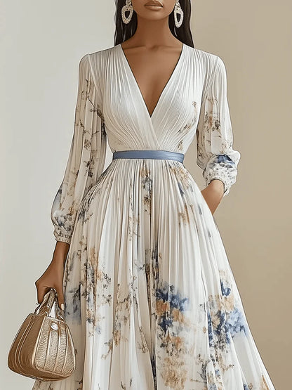 Vestido largo de manga larga abullonada con cuello en V y estampado floral, nuevo de primavera, de gasa plisada blanca.