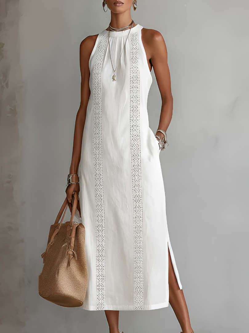 Jimena | Robe mi-longue en lin avec col mao
