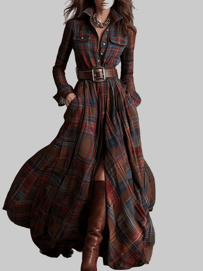 VESTIDO CAMISERO LARGO CUADROS CON CINTURÓN