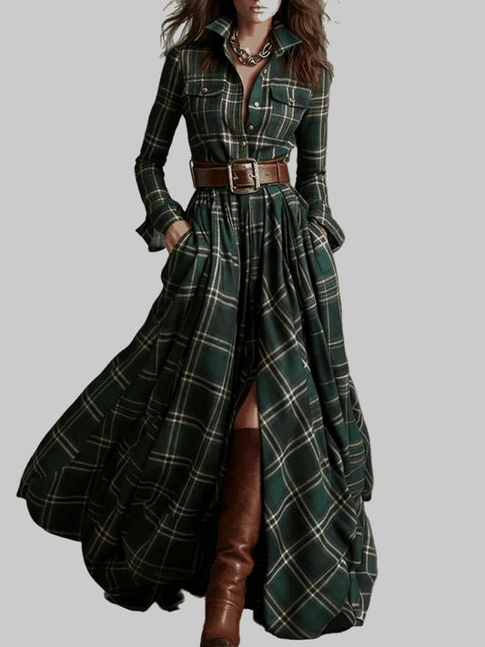 VESTIDO CAMISERO LARGO CUADROS CON CINTURÓN