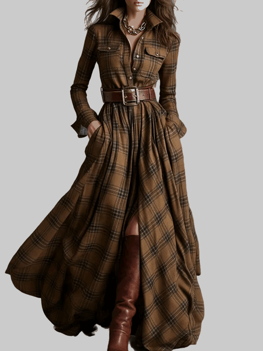 VESTIDO CAMISERO LARGO CUADROS CON CINTURÓN