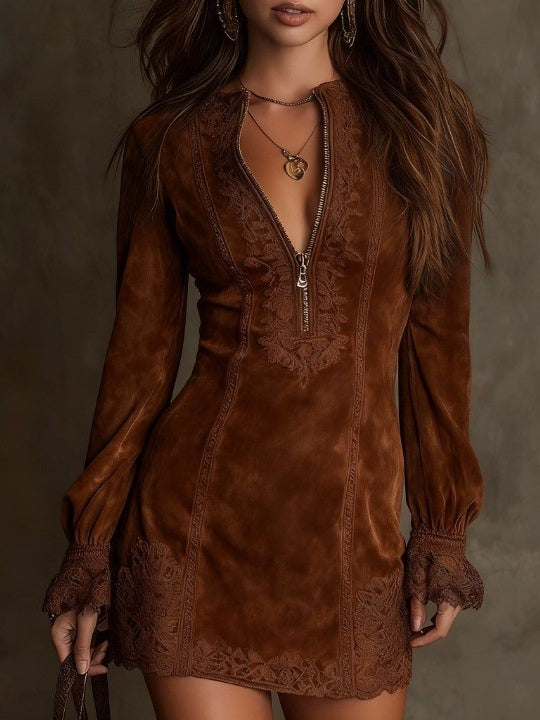 VESTIDO MINI EFECTO ANTE CON DETALLES BORDADOS