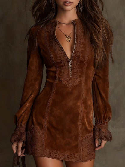 VESTIDO MINI EFECTO ANTE CON DETALLES BORDADOS