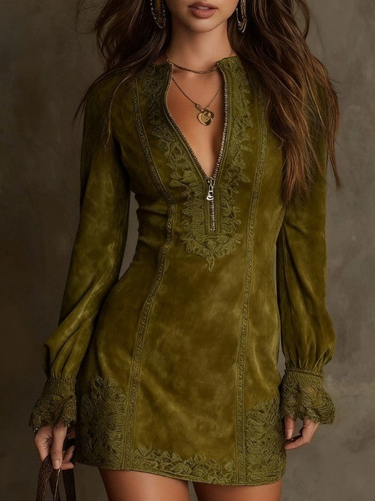 VESTIDO MINI EFECTO ANTE CON DETALLES BORDADOS