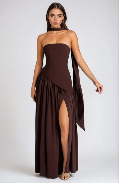 ADRIANA | VESTIDO LARGO ASIMÉTRICO CON ABERTURA