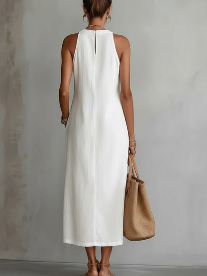 Jimena | Robe mi-longue en lin avec col mao