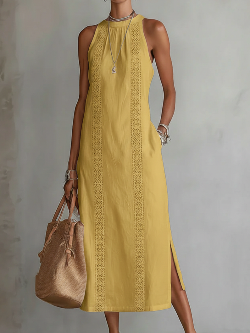 Jimena | Robe mi-longue en lin avec col mao